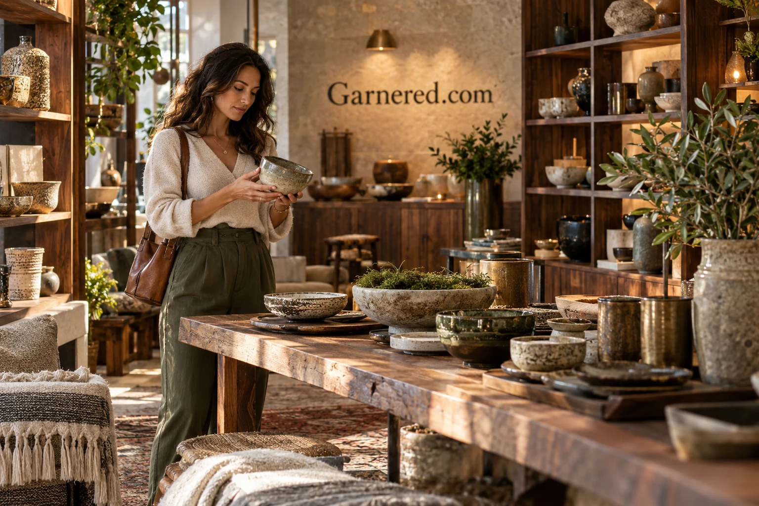 People selecting useful objects in a warm contemporary showroom